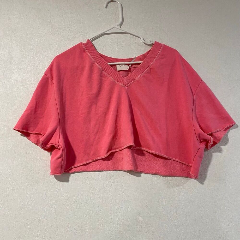 Out From Under Pink Cropped Sweatshirt V Neck Raw Hem Boxy Top XS